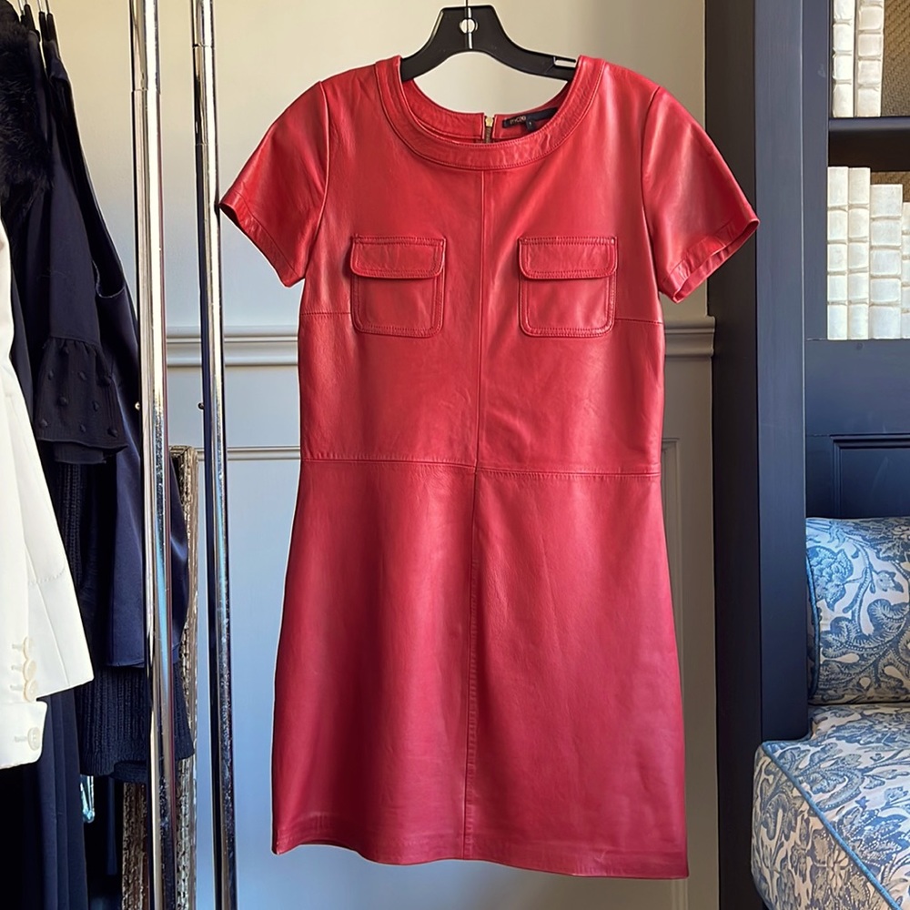 Red leather short sleeve mini dress by French designer Maje. Size 2 out of 4.